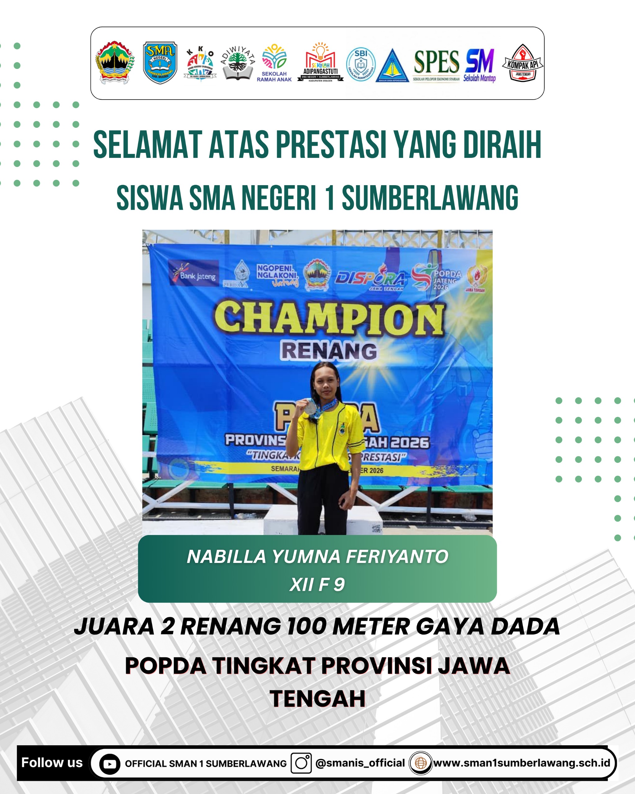 Siswi SMAN 1 Sumberlawang Raih Juara 2 Renang 100m Gaya Dada di POPDA Jateng 2026